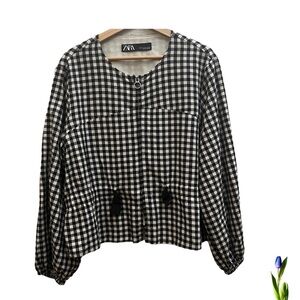 Zara Gingham Jacket Linen Blend Puff
Sleeve Zipper Size XXL